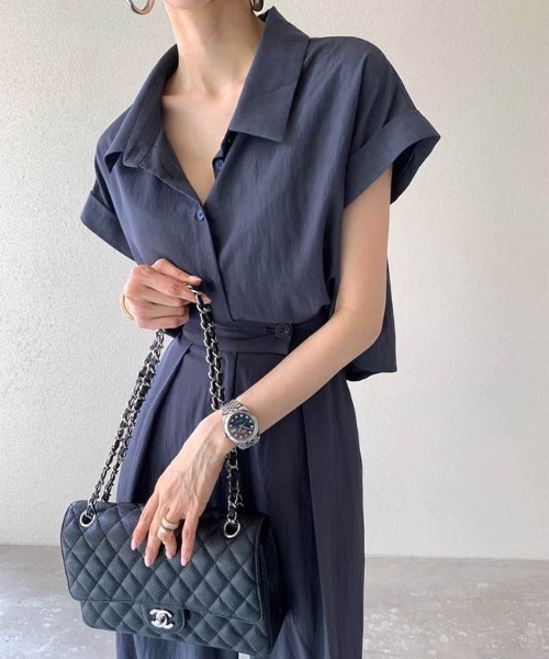 AMELY(エミリー)の「【セットアップ】シャツ&タックパンツのセットアップ/着回し自在/ストレスフリー(セットアップ・レディース・ブラック/ネイビー/ベージュ・L/M)」の12枚目の写真