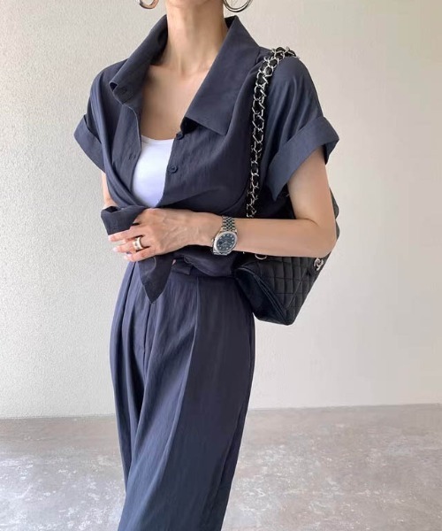 AMELY(エミリー)の「【セットアップ】シャツ&タックパンツのセットアップ/着回し自在/ストレスフリー(セットアップ・レディース・ブラック/ネイビー/ベージュ・L/M)」の16枚目の写真