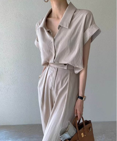 AMELY(エミリー)の「【セットアップ】シャツ&タックパンツのセットアップ/着回し自在/ストレスフリー(セットアップ・レディース・ブラック/ネイビー/ベージュ・L/M)」の4枚目の写真