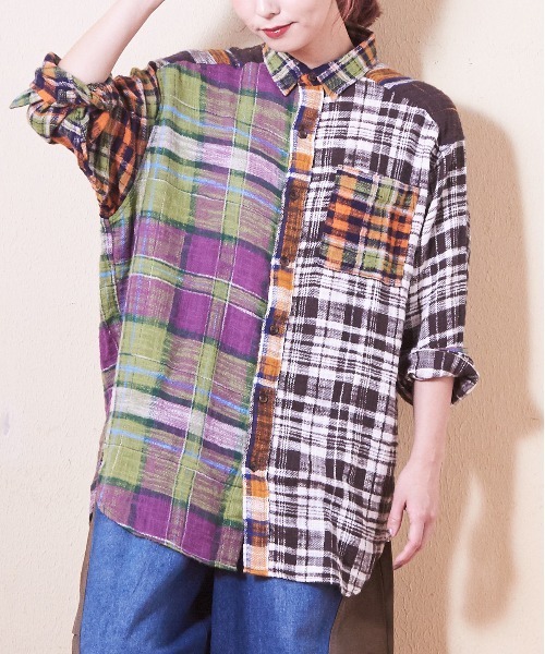 CUBE SUGAR（キューブシュガー）の「度甘ネルチェックビッグシャツ（シャツ/ブラウス・レディース・ナチュラル/チャコールグレー/マルチ/オレンジ/パープル・M）」の5枚目の写真