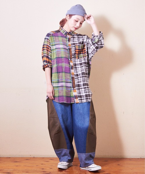 CUBE SUGAR（キューブシュガー）の「度甘ネルチェックビッグシャツ（シャツ/ブラウス・レディース・ナチュラル/チャコールグレー/マルチ/オレンジ/パープル・M）」の21枚目の写真