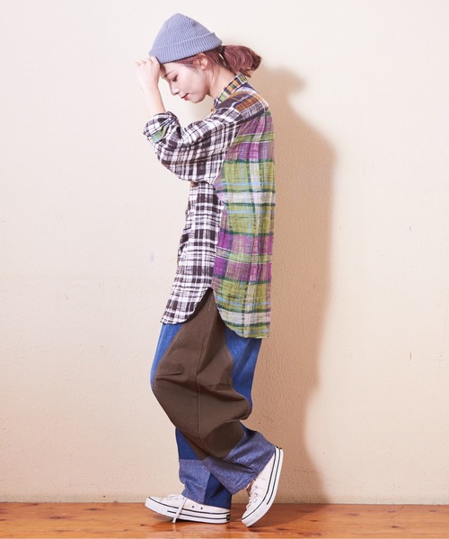 CUBE SUGAR（キューブシュガー）の「度甘ネルチェックビッグシャツ（シャツ/ブラウス・レディース・ナチュラル/チャコールグレー/マルチ/オレンジ/パープル・M）」の22枚目の写真