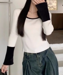 バイカラーフレアスリーブリブニット
