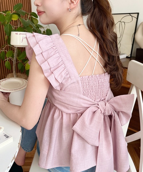 セール】エステルスラブダブルフリルバックリボンキャミ（キャミソール