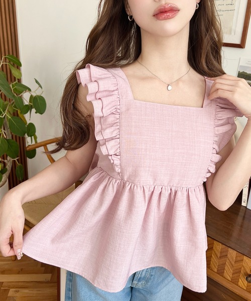 セール】エステルスラブダブルフリルバックリボンキャミ（キャミソール