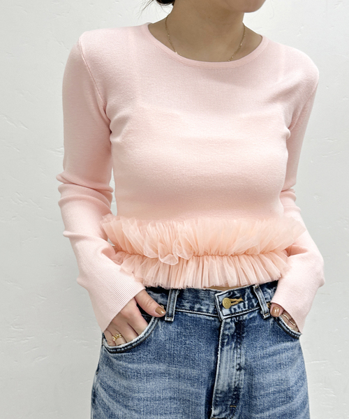 U by SPICK&SPAN(ユーバイスピックアンドスパン)の「チュールドッキングニットトップス(ニット/セーター・レディース・ライトグレー/ピンク系その他・FREE)」の1枚目の写真