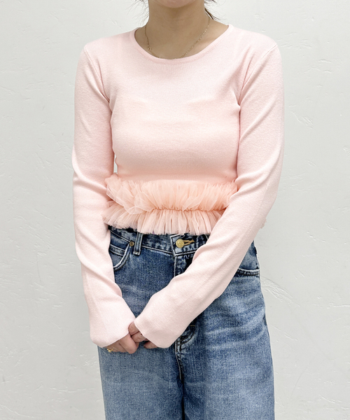 U by SPICK&SPAN(ユーバイスピックアンドスパン)の「チュールドッキングニットトップス(ニット/セーター・レディース・ライトグレー/ピンク系その他・FREE)」の4枚目の写真