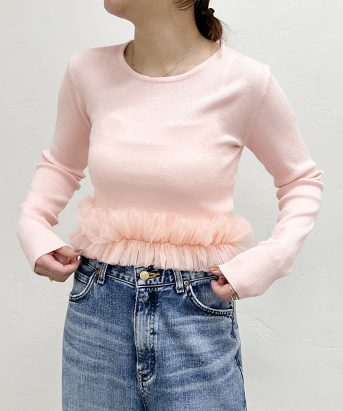 U by SPICK&SPAN(ユーバイスピックアンドスパン)の「チュールドッキングニットトップス(ニット/セーター・レディース・ライトグレー/ピンク系その他・FREE)」の5枚目の写真