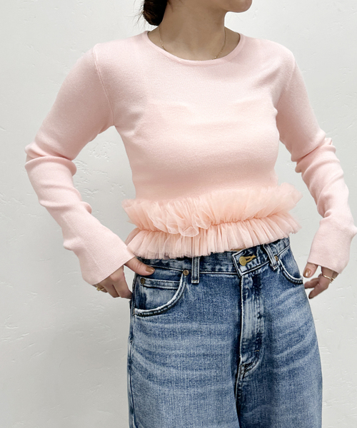 U by SPICK&SPAN(ユーバイスピックアンドスパン)の「チュールドッキングニットトップス(ニット/セーター・レディース・ライトグレー/ピンク系その他・FREE)」の6枚目の写真