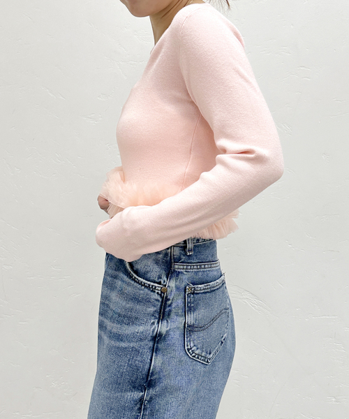 U by SPICK&SPAN(ユーバイスピックアンドスパン)の「チュールドッキングニットトップス(ニット/セーター・レディース・ライトグレー/ピンク系その他・FREE)」の7枚目の写真