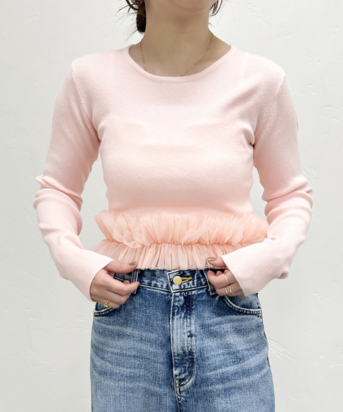 U by SPICK&SPAN(ユーバイスピックアンドスパン)の「チュールドッキングニットトップス(ニット/セーター・レディース・ライトグレー/ピンク系その他・FREE)」の9枚目の写真