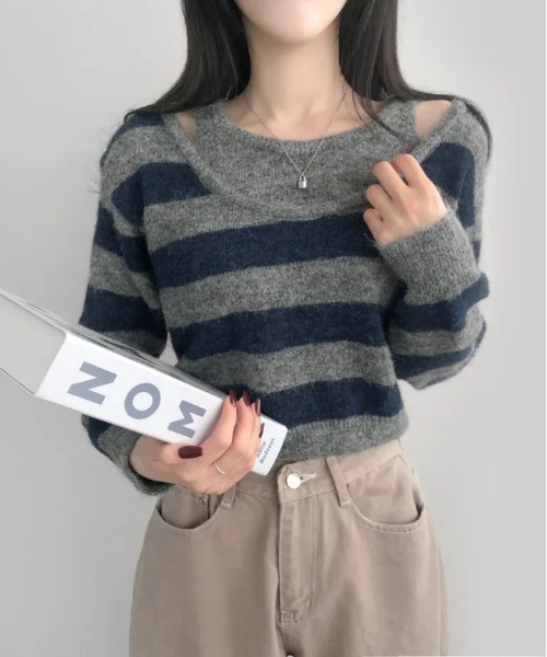 gossip!ロサンゼルス(ゴシップロサンゼルス)の「Y2K タンクトップレイヤード風ボーダーシャギーニット(ニット/セーター・レディース・ブラック/ワイン/グレー・FREE)」の2枚目の写真