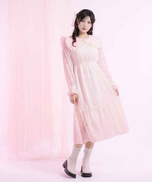 DearMyLoveRose(ディアマイラブローズ)の「ジャガードレースセーラーワンピース(ワンピース・レディース・ホワイト/スモークピンク/ブルーグレー/ブラック・SMALL/MEDIUM/LARGE/LL/3L)」の4枚目の写真