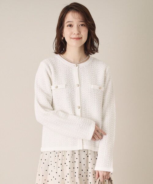 ITS'DEMO（イッツデモ）の「【通勤／手洗い可】ラメツイードニットジャケット（ノーカラージャケット・レディース・オフホワイト/ホワイト系6/ネイビー・00）」の2枚目の写真