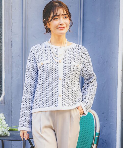 ITS'DEMO（イッツデモ）の「【通勤／手洗い可】ラメツイードニットジャケット（ノーカラージャケット・レディース・オフホワイト/ホワイト系6/ネイビー・00）」の22枚目の写真