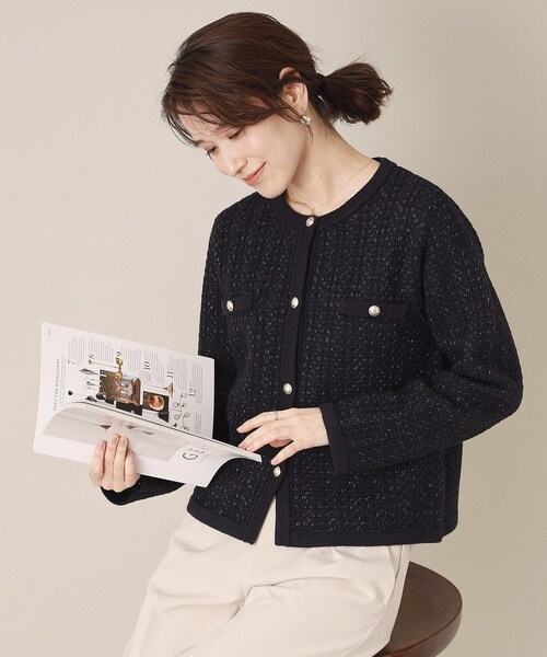 ITS'DEMO（イッツデモ）の「【通勤／手洗い可】ラメツイードニットジャケット（ノーカラージャケット・レディース・オフホワイト/ホワイト系6/ネイビー・00）」の13枚目の写真