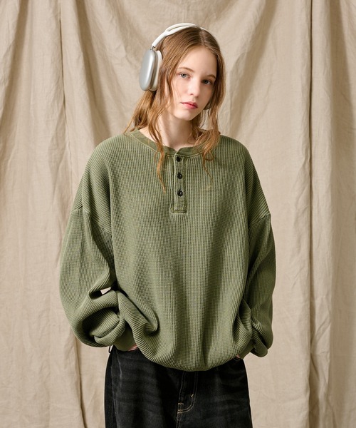 完売品 WETTEMPT ヘンリーネックピグメントワッフルロンT セール】HENRY NECK PIGMENT WAFFLE LONG TEE / ヘンリーネック