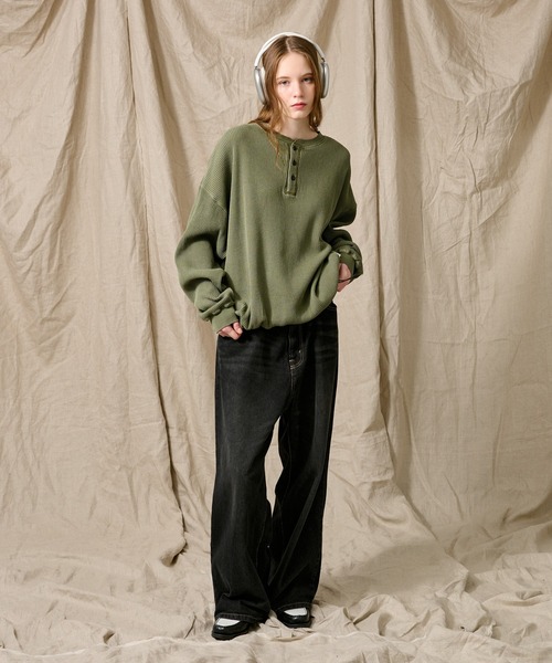 HENRY NECK PIGMENT WAFFLE LONG TEE / ヘンリーネック