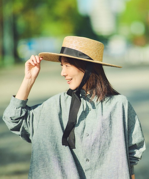 田中帽子店ベージュ ストローボートハット 黒リボン付き 田中帽子店 ストローハット 帽子 メンズ レディース 春 夏