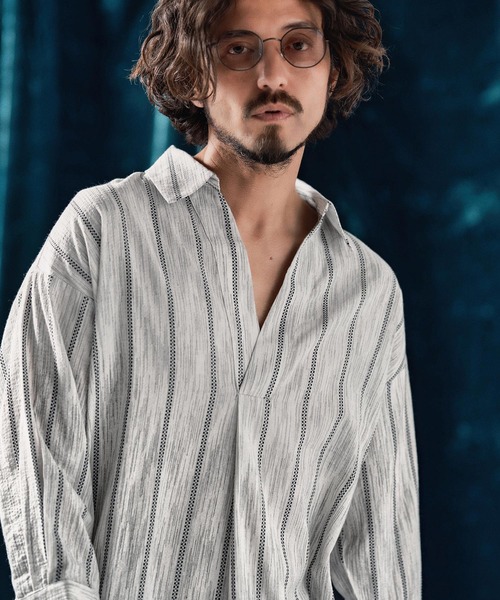トップス lll mhs2323-Switching design 3-4 sleeve skipper pullover shirts
