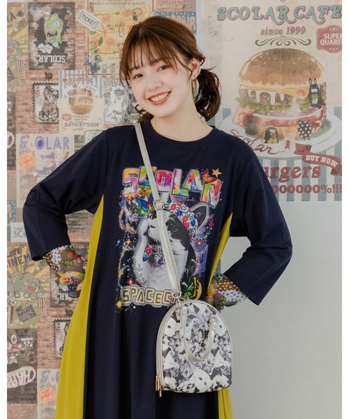 ScoLar（スカラー）の「651442：ネコorパッチワーク柄 ラウンドショルダーバッグ（ショルダーバッグ・レディース・イエロー/グレー・FREE）」の2枚目の写真