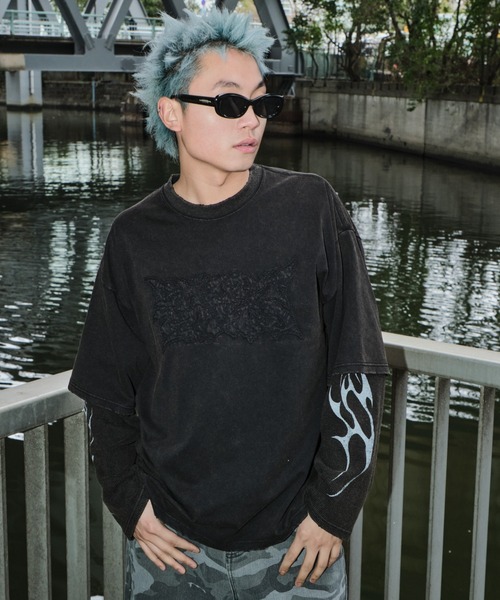 SHORT ROUND（ショートラウンド）の「SHORT ROUND/ダメージアップリケレイヤードロンT（Tシャツ/カットソー・メンズ・ブラック・MEDIUM/LARGE）」の11枚目の写真