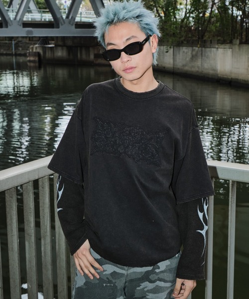 SHORT ROUND（ショートラウンド）の「SHORT ROUND/ダメージアップリケレイヤードロンT（Tシャツ/カットソー・メンズ・ブラック・MEDIUM/LARGE）」の12枚目の写真