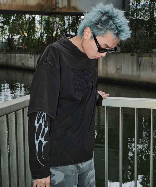 SHORT ROUND（ショートラウンド）の「SHORT ROUND/ダメージアップリケレイヤードロンT（Tシャツ/カットソー・メンズ・ブラック・MEDIUM/LARGE）」の14枚目の写真