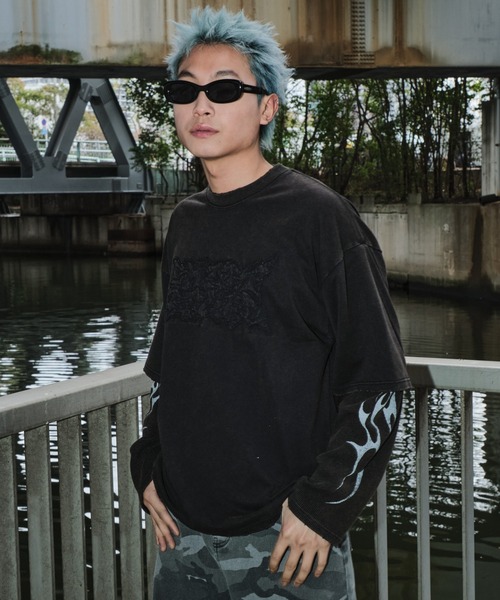 SHORT ROUND（ショートラウンド）の「SHORT ROUND/ダメージアップリケレイヤードロンT（Tシャツ/カットソー・メンズ・ブラック・MEDIUM/LARGE）」の15枚目の写真