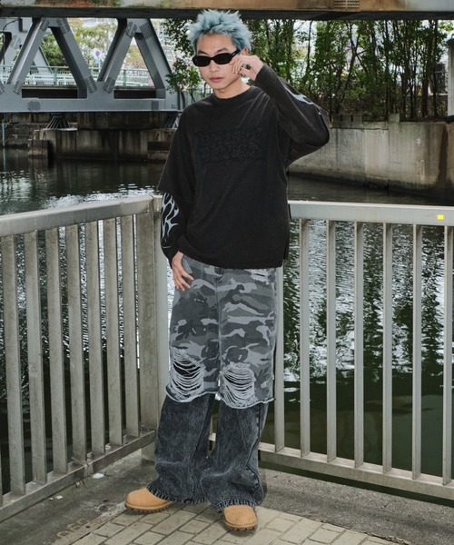 SHORT ROUND（ショートラウンド）の「SHORT ROUND/ダメージアップリケレイヤードロンT（Tシャツ/カットソー・メンズ・ブラック・MEDIUM/LARGE）」の16枚目の写真