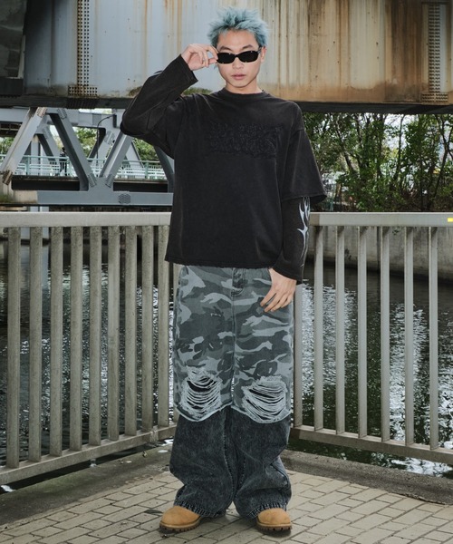 SHORT ROUND（ショートラウンド）の「SHORT ROUND/ダメージアップリケレイヤードロンT（Tシャツ/カットソー・メンズ・ブラック・MEDIUM/LARGE）」の18枚目の写真