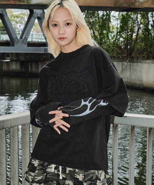 SHORT ROUND（ショートラウンド）の「SHORT ROUND/ダメージアップリケレイヤードロンT（Tシャツ/カットソー・メンズ・ブラック・MEDIUM/LARGE）」の19枚目の写真