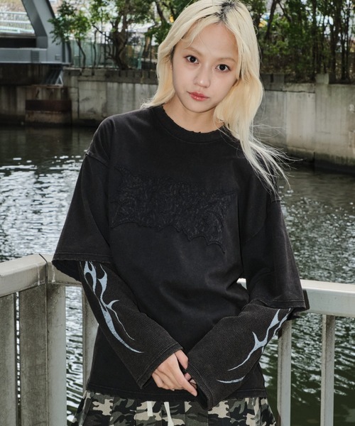 SHORT ROUND（ショートラウンド）の「SHORT ROUND/ダメージアップリケレイヤードロンT（Tシャツ/カットソー・メンズ・ブラック・MEDIUM/LARGE）」の20枚目の写真