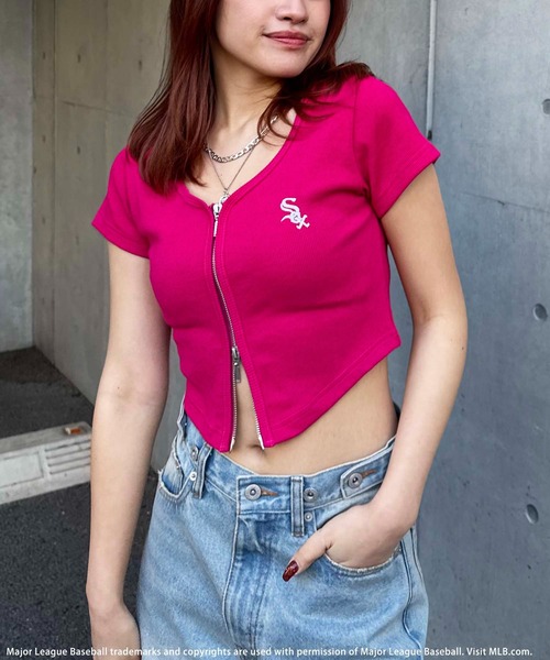 tシャツ 「MLB」ZIP刺繍ロゴリブトップス レディース MLB】ZIP刺繍ロゴリブトップス BACK TO THE FIELD│SPIRALGIRL