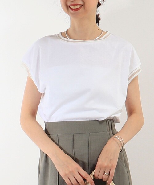 MICO COULIER（ミコクリエ）の「リブ部分シアー フレンチスリーブTシャツ（Tシャツ/カットソー・レディース・ブラック/オフホワイト/グレイッシュベージュ・38）」の2枚目の写真