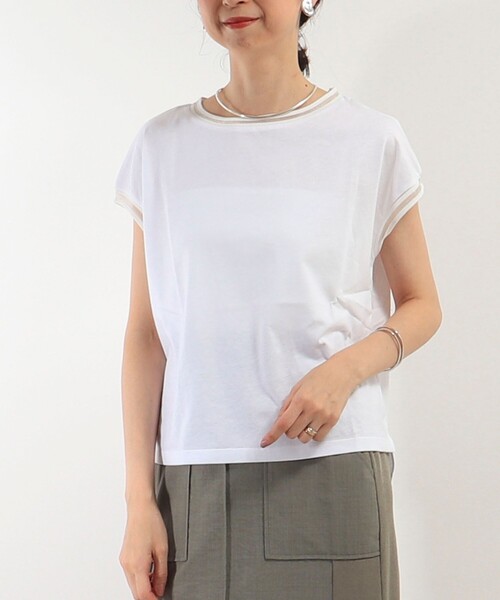 MICO COULIER（ミコクリエ）の「リブ部分シアー フレンチスリーブTシャツ（Tシャツ/カットソー・レディース・ブラック/オフホワイト/グレイッシュベージュ・38）」の11枚目の写真