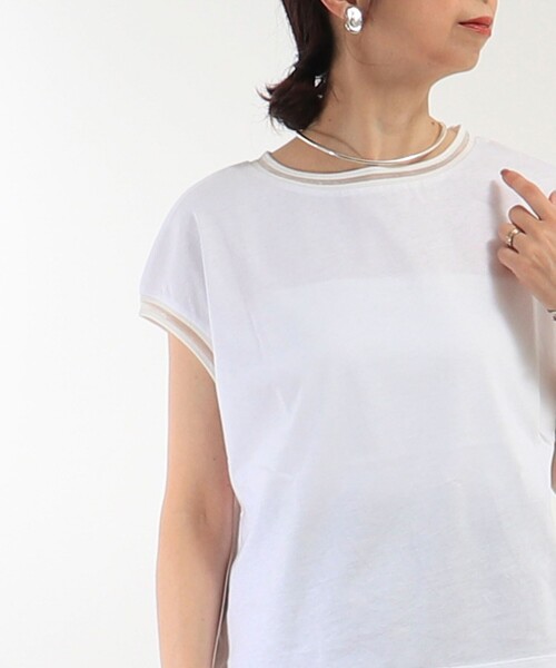 MICO COULIER（ミコクリエ）の「リブ部分シアー フレンチスリーブTシャツ（Tシャツ/カットソー・レディース・ブラック/オフホワイト/グレイッシュベージュ・38）」の17枚目の写真