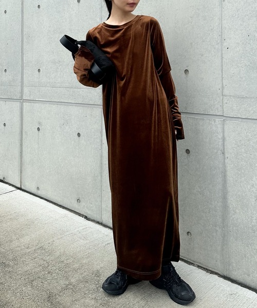 美品 ハウスオブロータス ティアード ベロア ワンピース ロング ブラウン M フィンガースリーブベロアロングワンピ―ス（ワンピース）｜select MOCA
