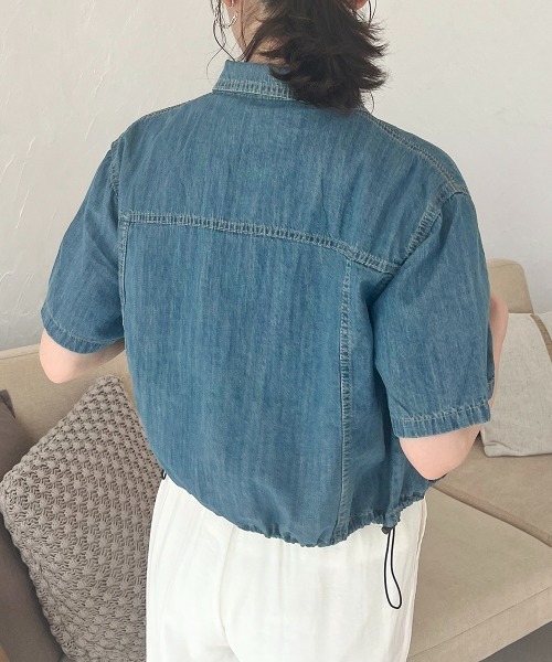 セール】クロップド丈 半袖デニムシャツジャケット（デニム