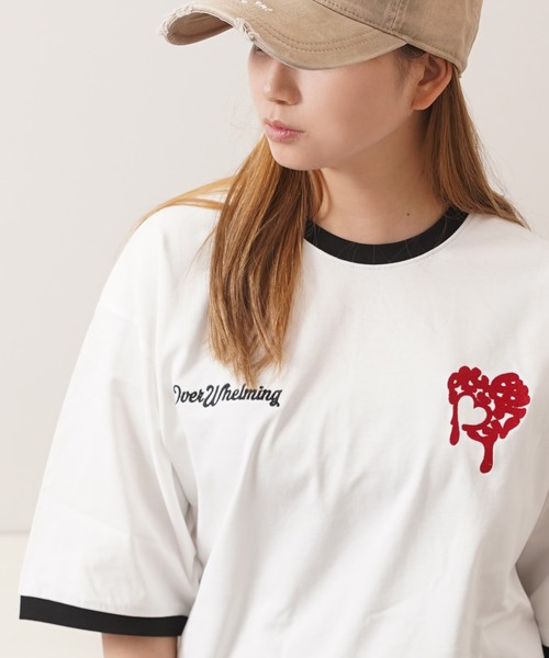 1111clothing(ワンフォークロージング)の「ドリップハート サガラ刺繍 リンガーTシャツ / Drip Heart Sagara Embroidery Ringer T-Shirt(Tシャツ/カットソー・メンズ・ブラック/カモフラージュ/オフホワイト・M/XL/L)」の5枚目の写真
