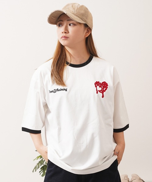 1111clothing(ワンフォークロージング)の「ドリップハート サガラ刺繍 リンガーTシャツ / Drip Heart Sagara Embroidery Ringer T-Shirt(Tシャツ/カットソー・メンズ・ブラック/カモフラージュ/オフホワイト・M/XL/L)」の6枚目の写真