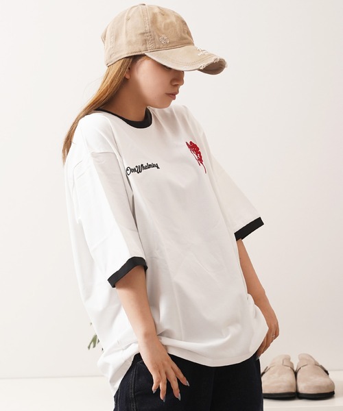 1111clothing(ワンフォークロージング)の「ドリップハート サガラ刺繍 リンガーTシャツ / Drip Heart Sagara Embroidery Ringer T-Shirt(Tシャツ/カットソー・メンズ・ブラック/カモフラージュ/オフホワイト・M/XL/L)」の9枚目の写真