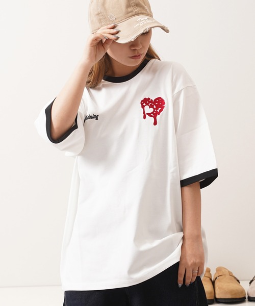 1111clothing(ワンフォークロージング)の「ドリップハート サガラ刺繍 リンガーTシャツ / Drip Heart Sagara Embroidery Ringer T-Shirt(Tシャツ/カットソー・メンズ・ブラック/カモフラージュ/オフホワイト・M/XL/L)」の4枚目の写真