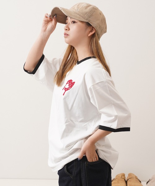 1111clothing(ワンフォークロージング)の「ドリップハート サガラ刺繍 リンガーTシャツ / Drip Heart Sagara Embroidery Ringer T-Shirt(Tシャツ/カットソー・メンズ・ブラック/カモフラージュ/オフホワイト・M/XL/L)」の7枚目の写真