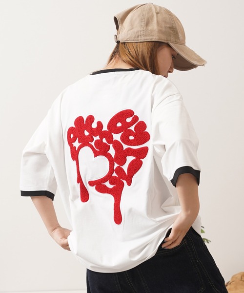 1111clothing(ワンフォークロージング)の「ドリップハート サガラ刺繍 リンガーTシャツ / Drip Heart Sagara Embroidery Ringer T-Shirt(Tシャツ/カットソー・メンズ・ブラック/カモフラージュ/オフホワイト・M/XL/L)」の8枚目の写真