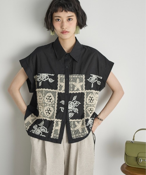 セール】パッチワーク刺繍ドロストヘムフレンチスリーブシャツ