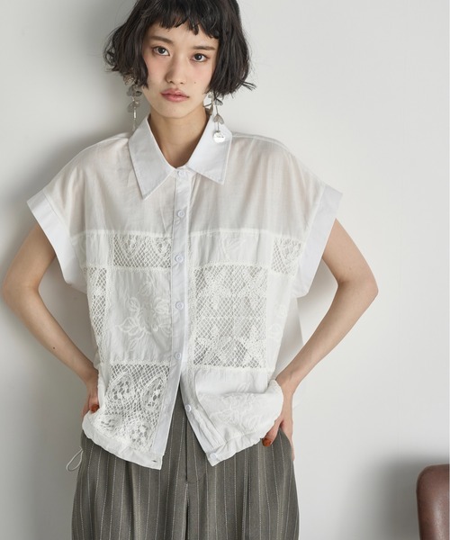 パッチワーク刺繍ドロストヘムフレンチスリーブシャツ（シャツ
