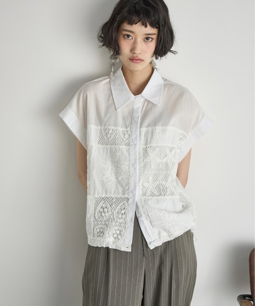 THE YOn(ザヨン)の「パッチワーク刺繍ドロストヘムフレンチスリーブシャツ(シャツ/ブラウス・レディース・ブラック/オフホワイト・FREE)」の3枚目の写真
