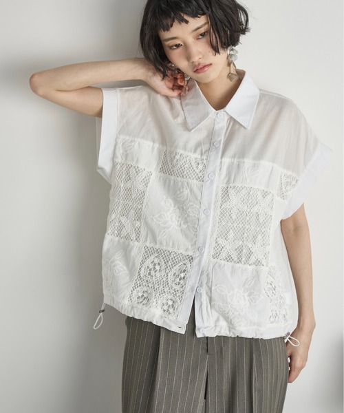 THE YOn(ザヨン)の「パッチワーク刺繍ドロストヘムフレンチスリーブシャツ(シャツ/ブラウス・レディース・ブラック/オフホワイト・FREE)」の6枚目の写真