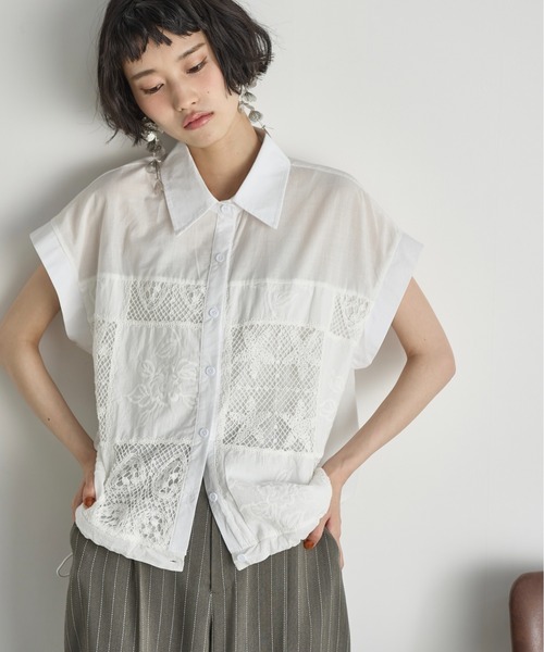 THE YOn(ザヨン)の「パッチワーク刺繍ドロストヘムフレンチスリーブシャツ(シャツ/ブラウス・レディース・ブラック/オフホワイト・FREE)」の9枚目の写真